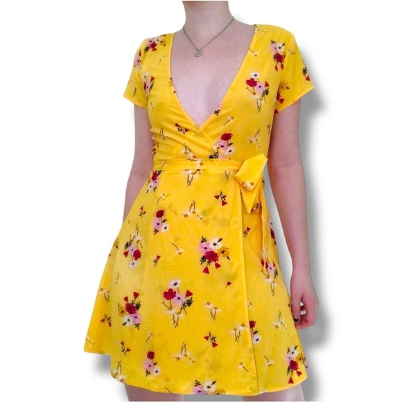 Divided Dresses & Skirts - Divided By H&M Sunny Bright Yellow Floral Wrap Short Sleeve Mini Dress